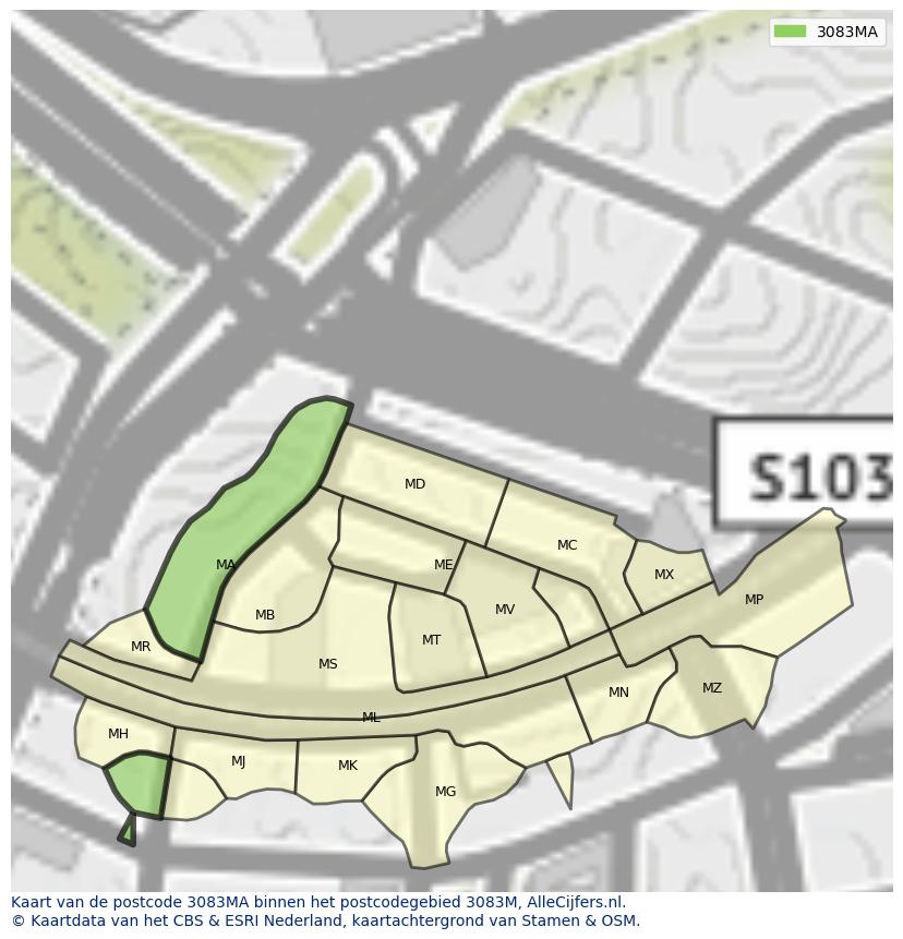 Afbeelding van het postcodegebied 3083 MA op de kaart.