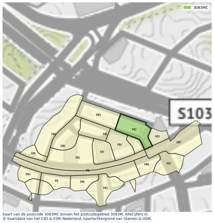 Afbeelding van het postcodegebied 3083 MC op de kaart.