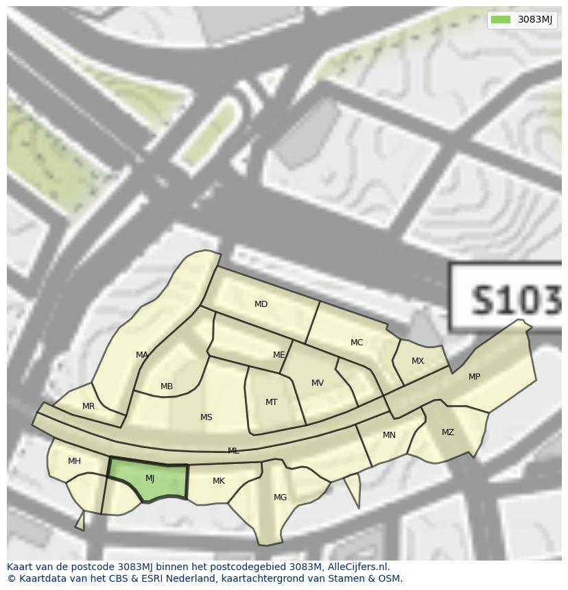 Afbeelding van het postcodegebied 3083 MJ op de kaart.