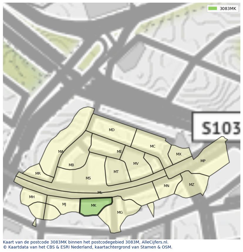 Afbeelding van het postcodegebied 3083 MK op de kaart.