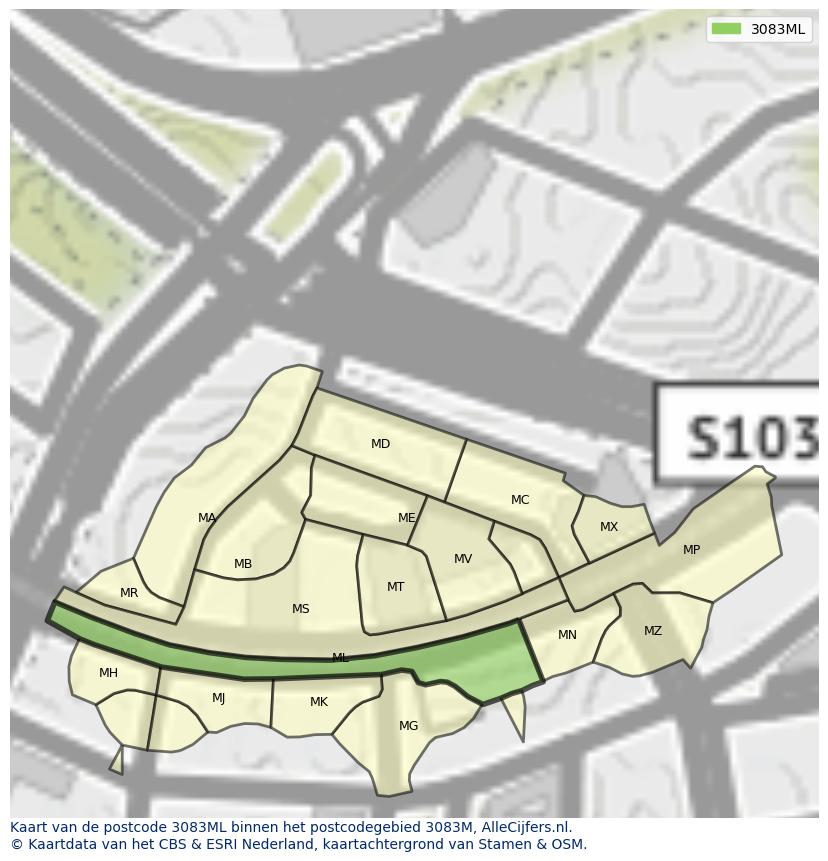Afbeelding van het postcodegebied 3083 ML op de kaart.