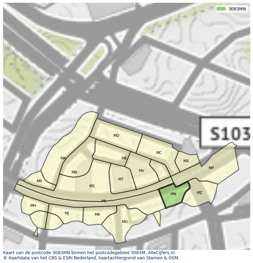 Afbeelding van het postcodegebied 3083 MN op de kaart.