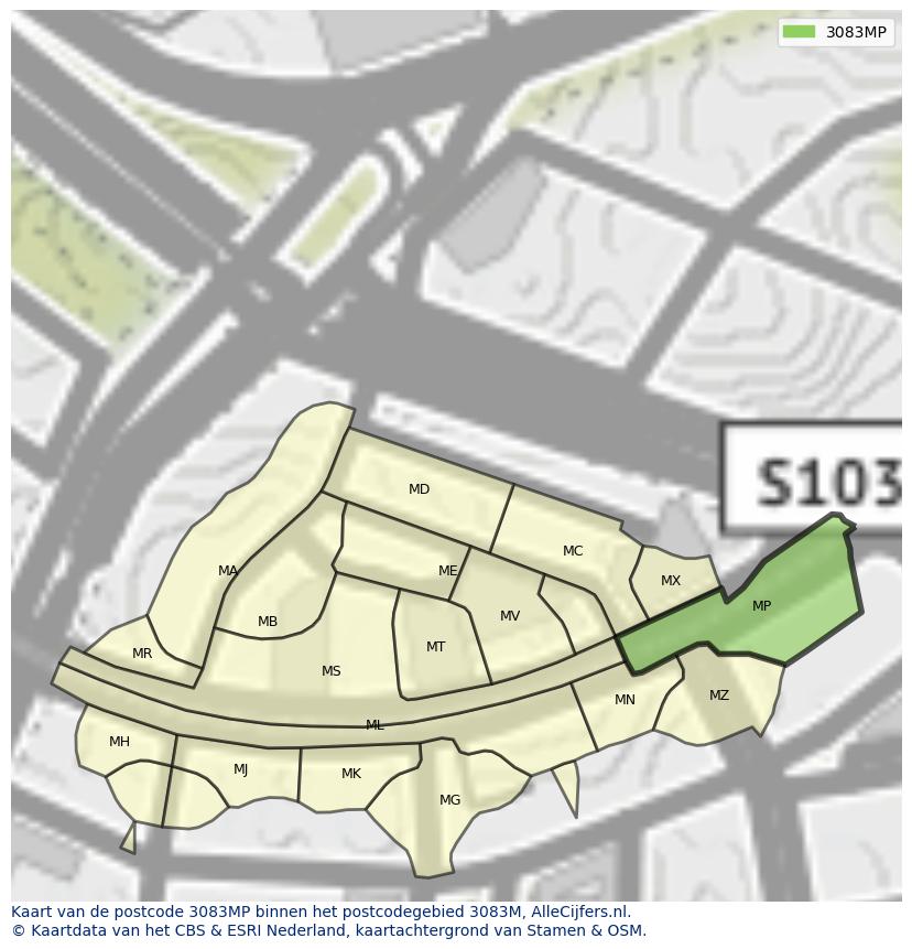 Afbeelding van het postcodegebied 3083 MP op de kaart.