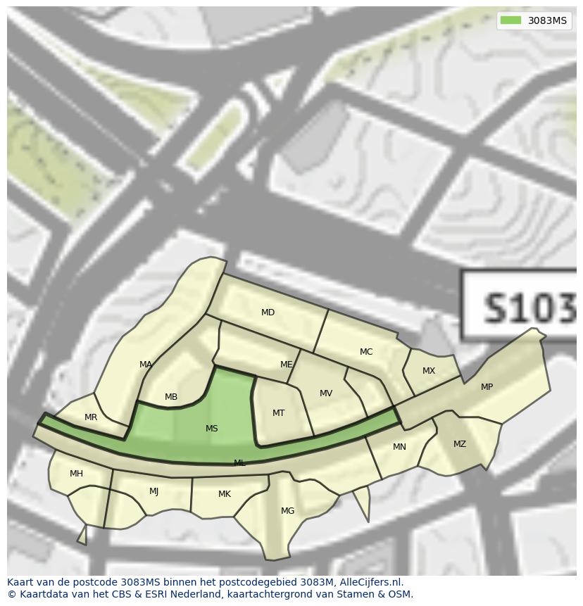 Afbeelding van het postcodegebied 3083 MS op de kaart.