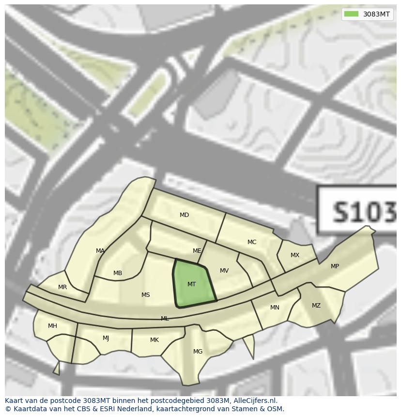 Afbeelding van het postcodegebied 3083 MT op de kaart.