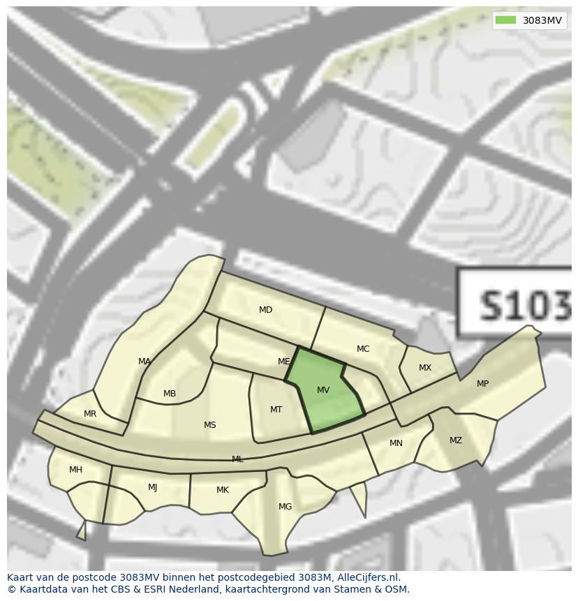 Afbeelding van het postcodegebied 3083 MV op de kaart.