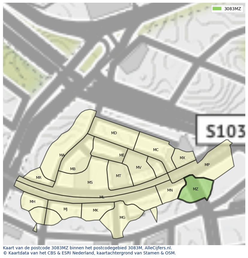 Afbeelding van het postcodegebied 3083 MZ op de kaart.