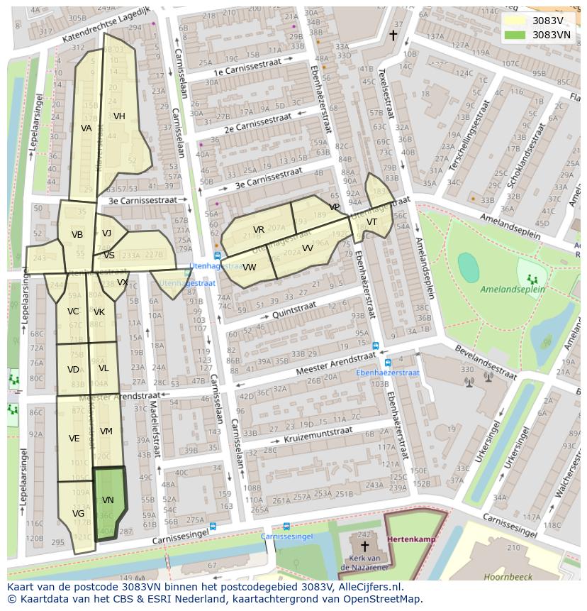 Afbeelding van het postcodegebied 3083 VN op de kaart.