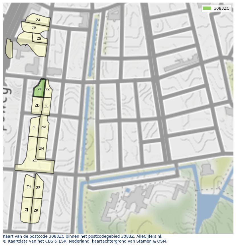 Afbeelding van het postcodegebied 3083 ZC op de kaart.