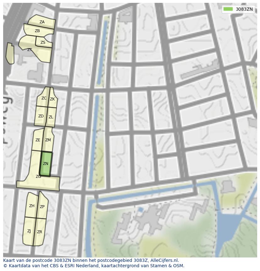 Afbeelding van het postcodegebied 3083 ZN op de kaart.
