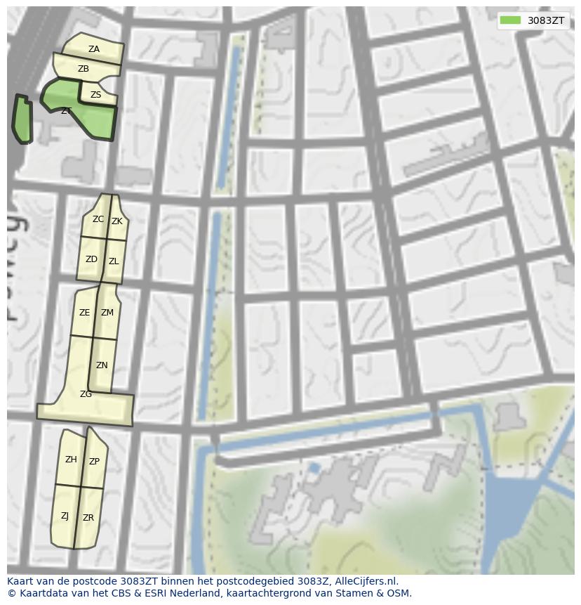 Afbeelding van het postcodegebied 3083 ZT op de kaart.