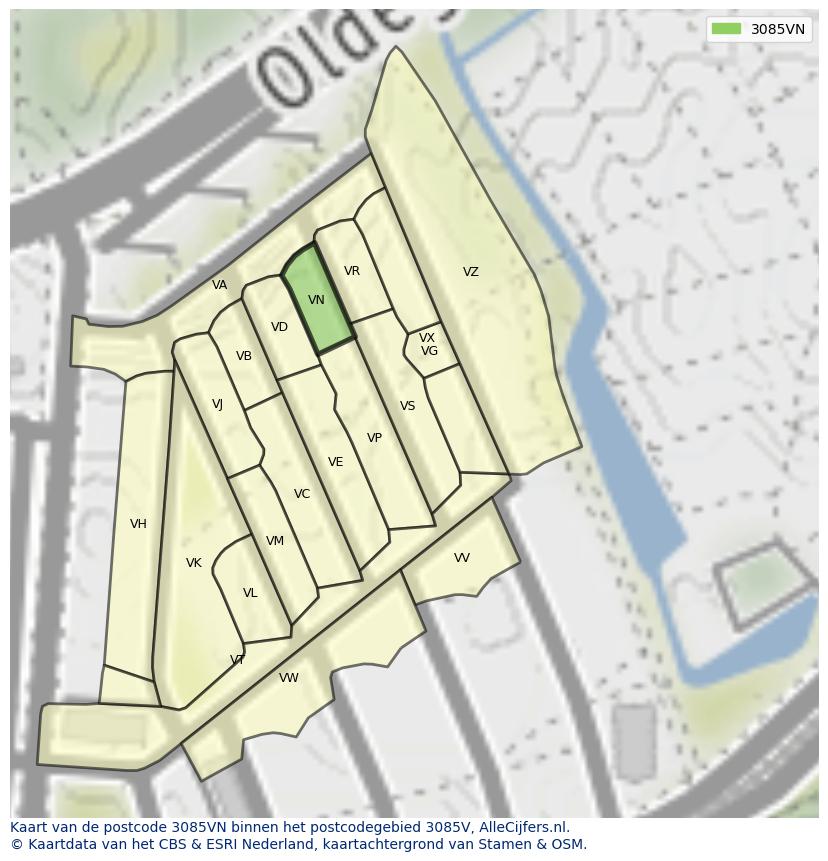 Afbeelding van het postcodegebied 3085 VN op de kaart.