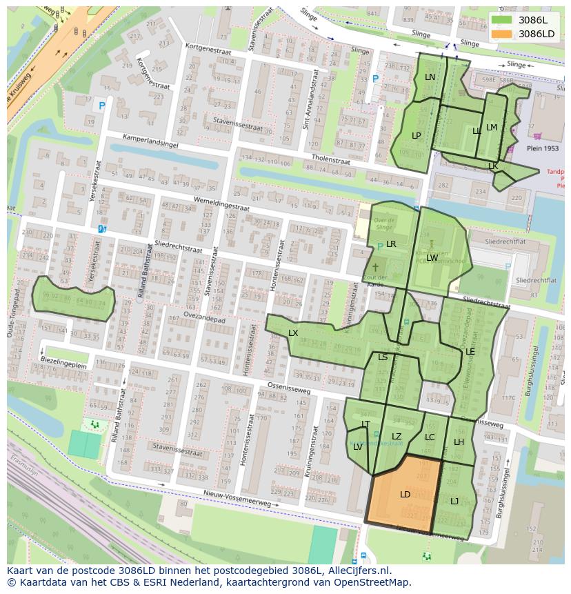 Afbeelding van het postcodegebied 3086 LD op de kaart.
