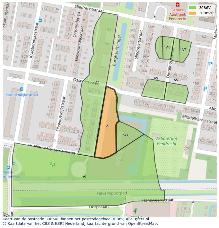Afbeelding van het postcodegebied 3086 VE op de kaart.