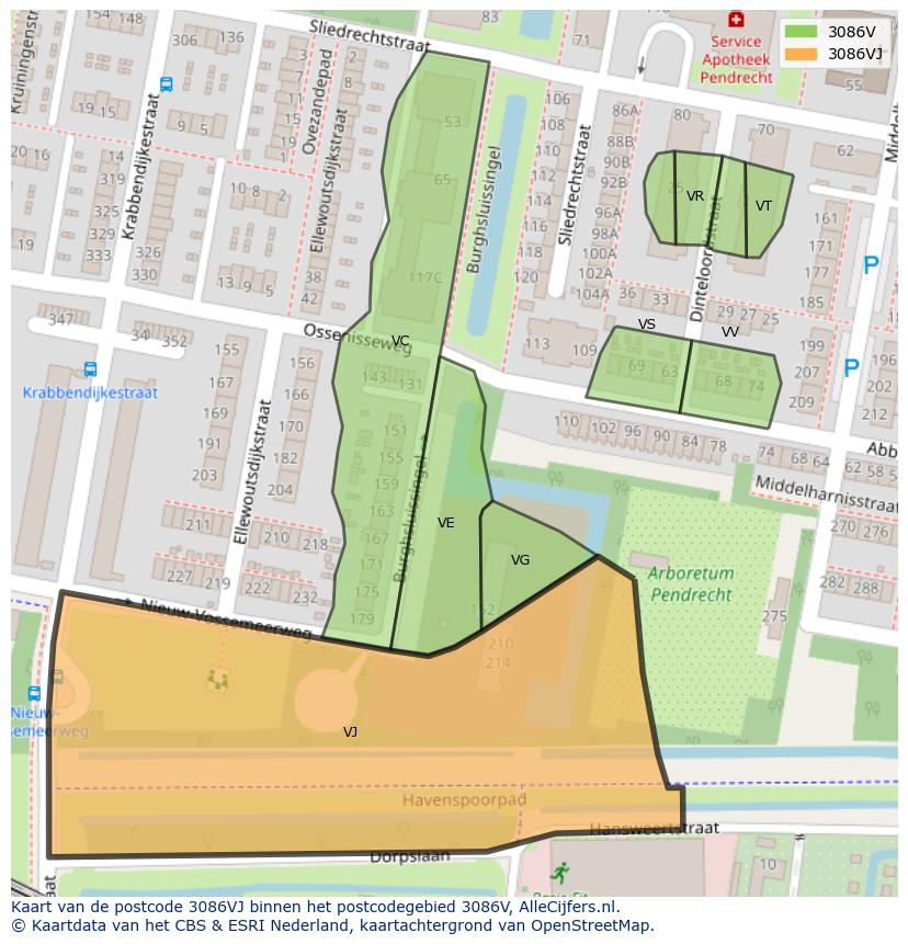 Afbeelding van het postcodegebied 3086 VJ op de kaart.