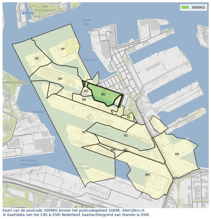 Afbeelding van het postcodegebied 3089 KG op de kaart.