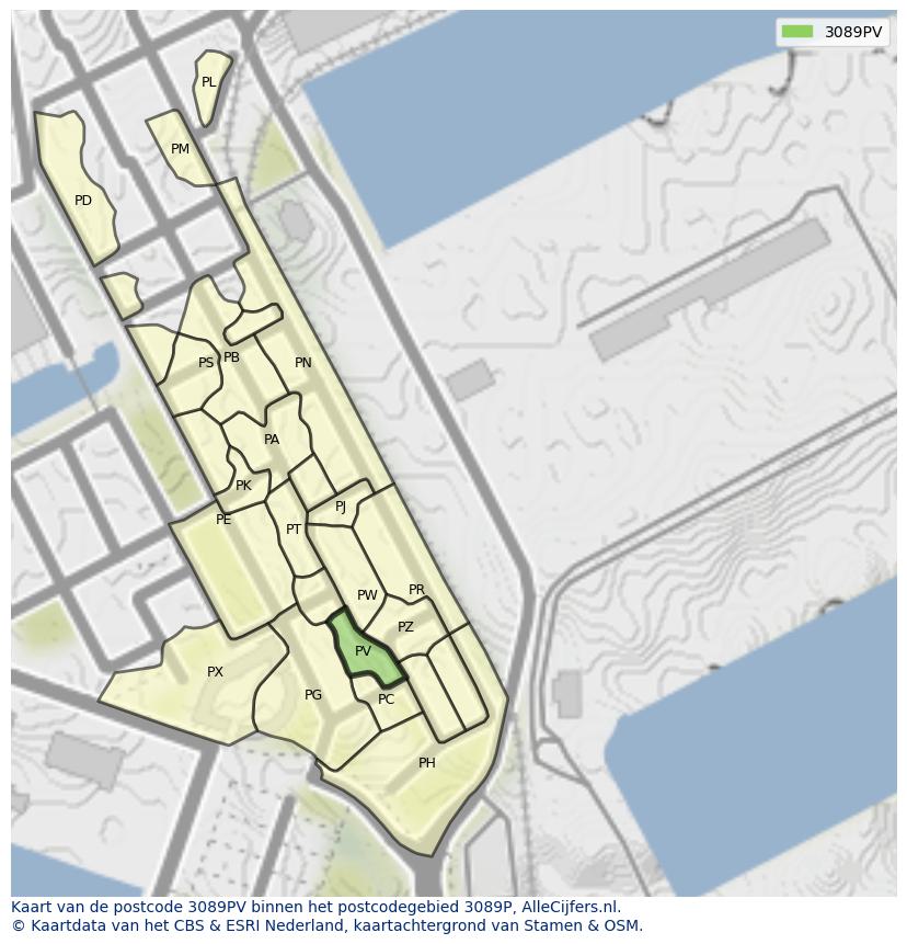 Afbeelding van het postcodegebied 3089 PV op de kaart.
