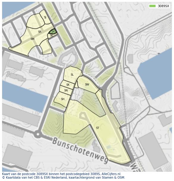 Afbeelding van het postcodegebied 3089 SX op de kaart.