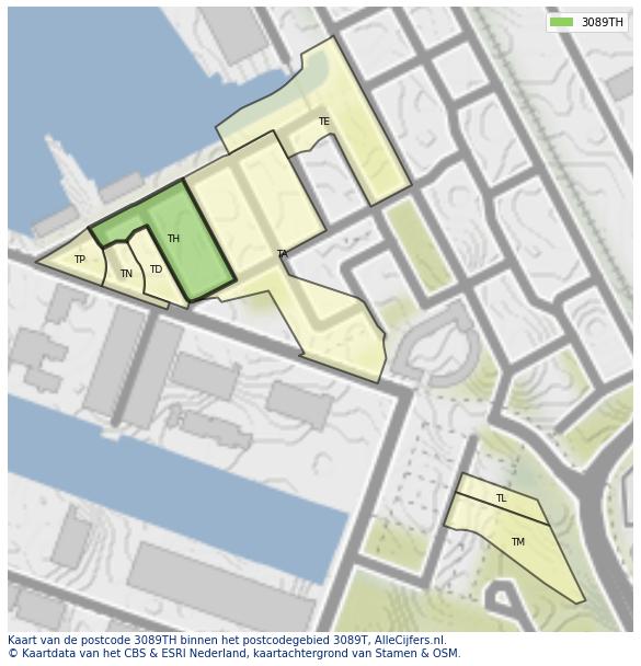 Afbeelding van het postcodegebied 3089 TH op de kaart.