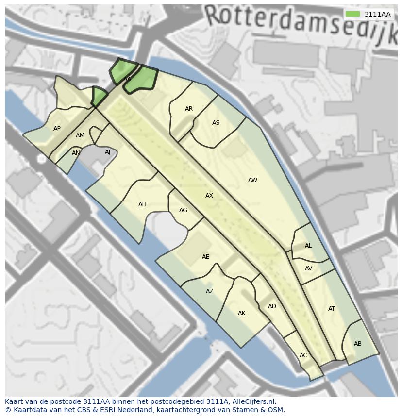 Afbeelding van het postcodegebied 3111 AA op de kaart.