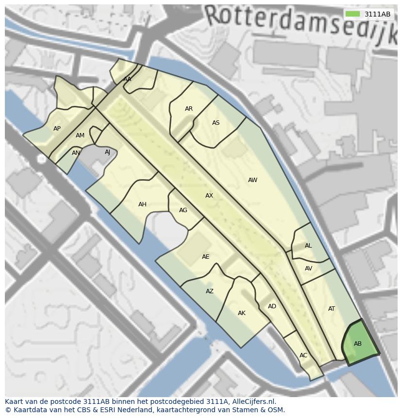 Afbeelding van het postcodegebied 3111 AB op de kaart.