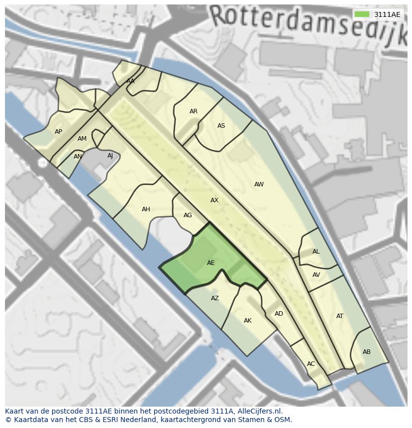 Afbeelding van het postcodegebied 3111 AE op de kaart.