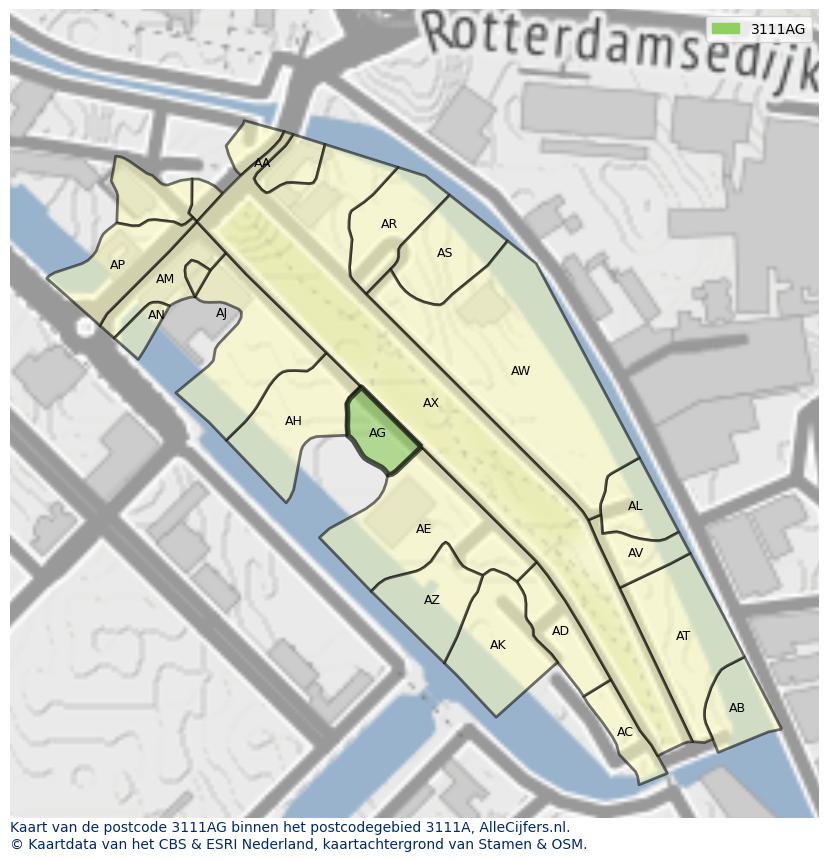 Afbeelding van het postcodegebied 3111 AG op de kaart.