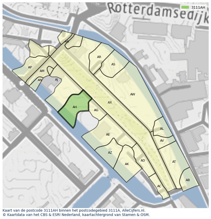 Afbeelding van het postcodegebied 3111 AH op de kaart.