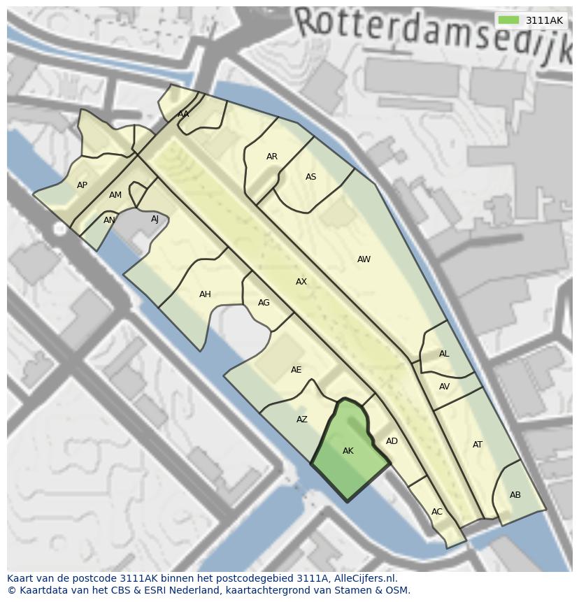 Afbeelding van het postcodegebied 3111 AK op de kaart.