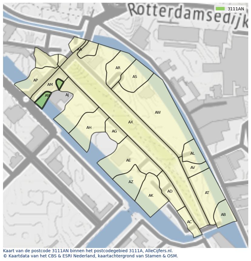 Afbeelding van het postcodegebied 3111 AN op de kaart.