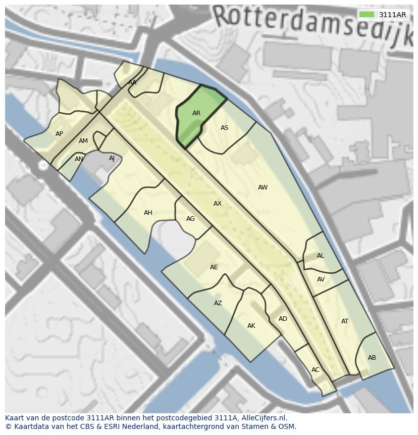 Afbeelding van het postcodegebied 3111 AR op de kaart.