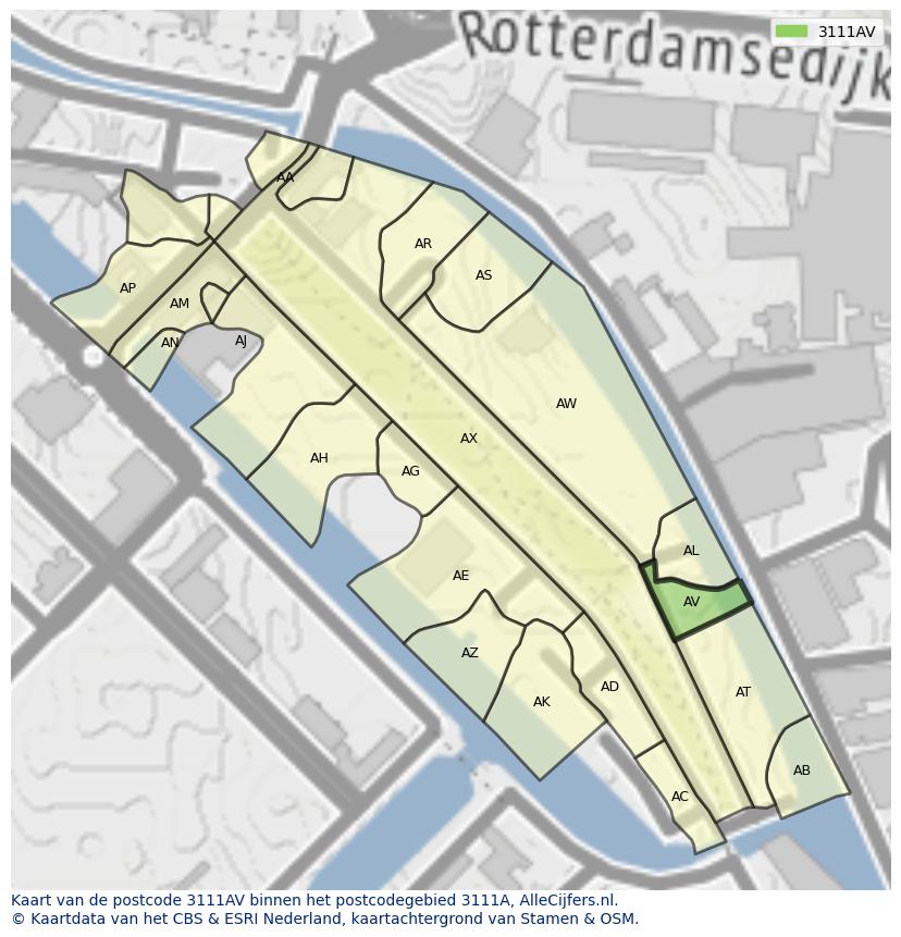 Afbeelding van het postcodegebied 3111 AV op de kaart.