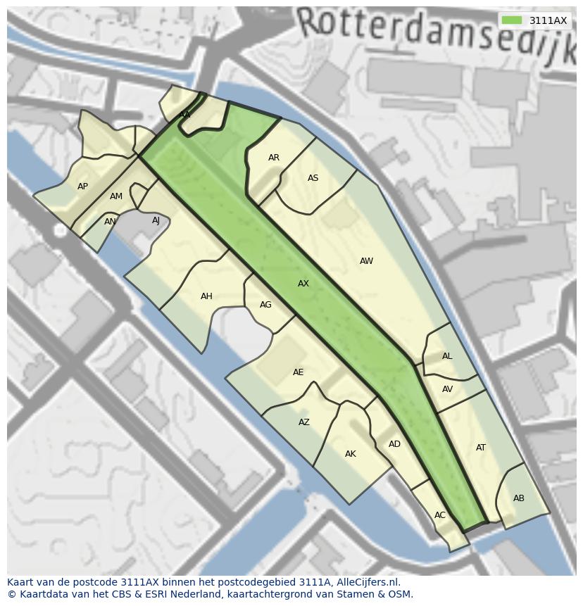 Afbeelding van het postcodegebied 3111 AX op de kaart.