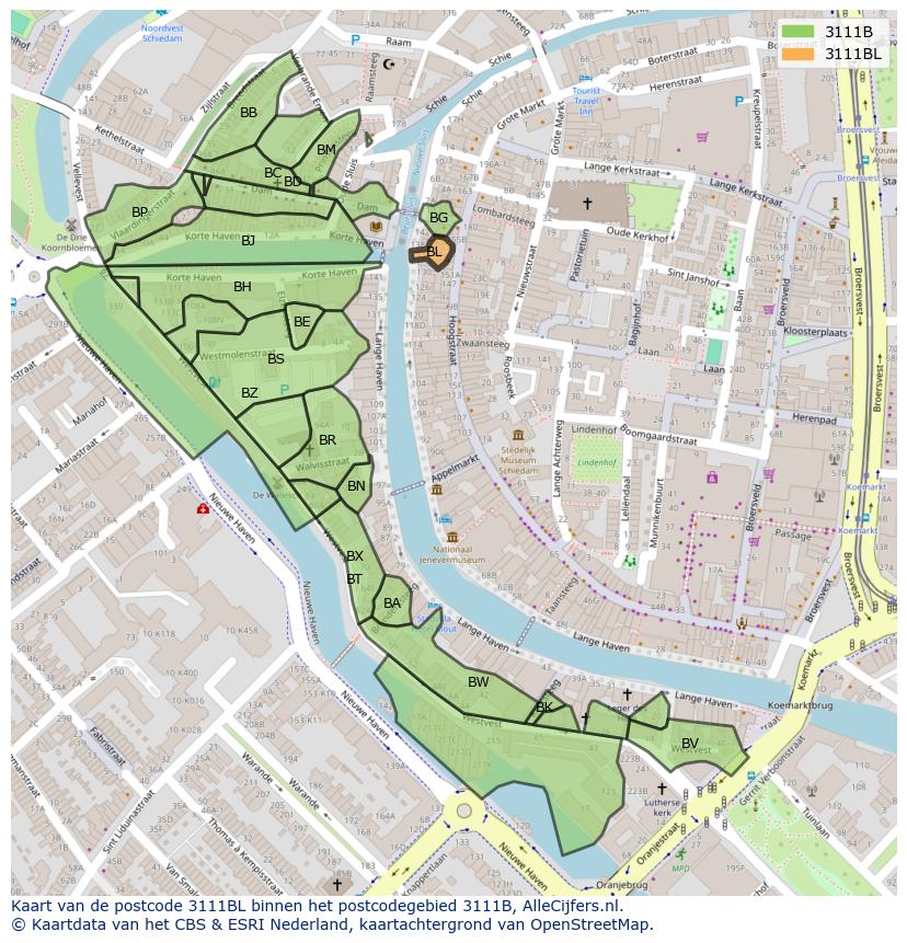 Afbeelding van het postcodegebied 3111 BL op de kaart.