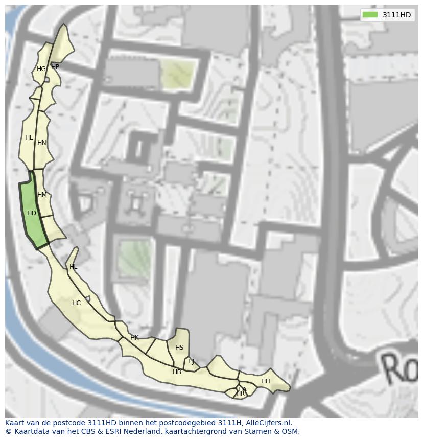 Afbeelding van het postcodegebied 3111 HD op de kaart.