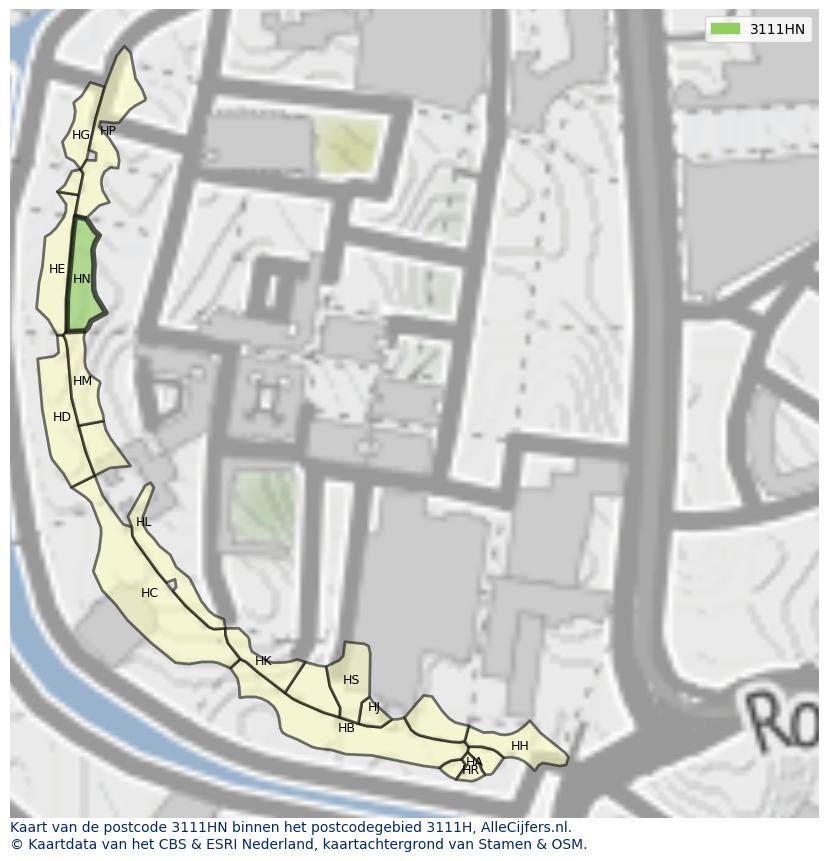 Afbeelding van het postcodegebied 3111 HN op de kaart.