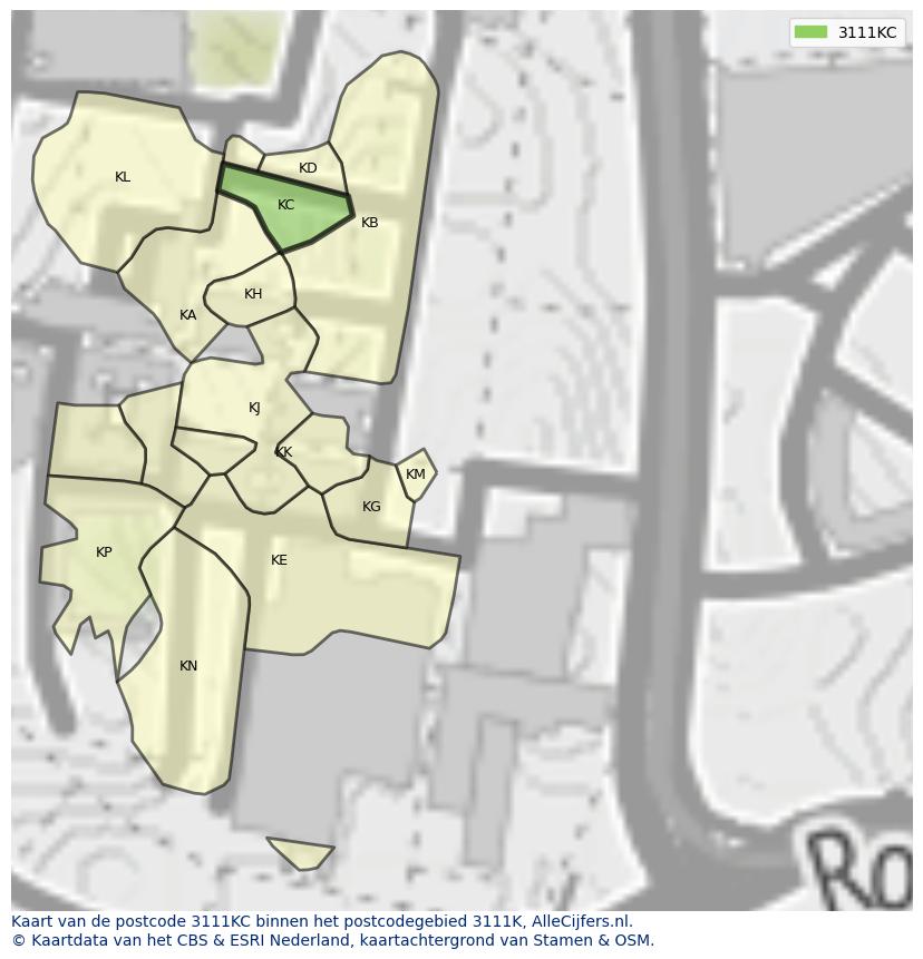 Afbeelding van het postcodegebied 3111 KC op de kaart.