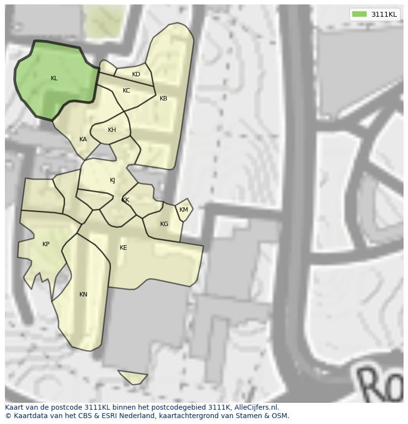 Afbeelding van het postcodegebied 3111 KL op de kaart.