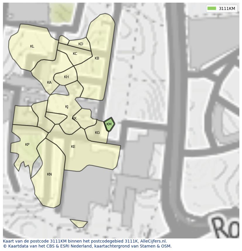 Afbeelding van het postcodegebied 3111 KM op de kaart.
