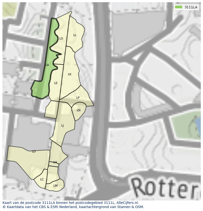 Afbeelding van het postcodegebied 3111 LA op de kaart.