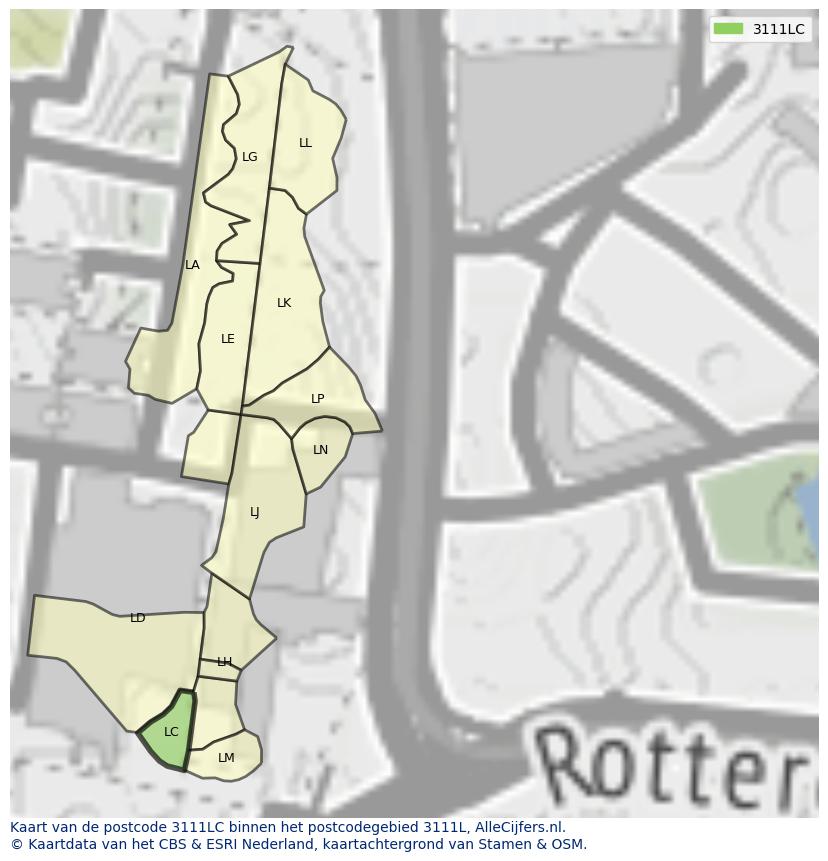 Afbeelding van het postcodegebied 3111 LC op de kaart.