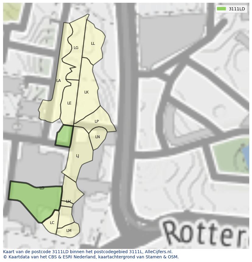 Afbeelding van het postcodegebied 3111 LD op de kaart.
