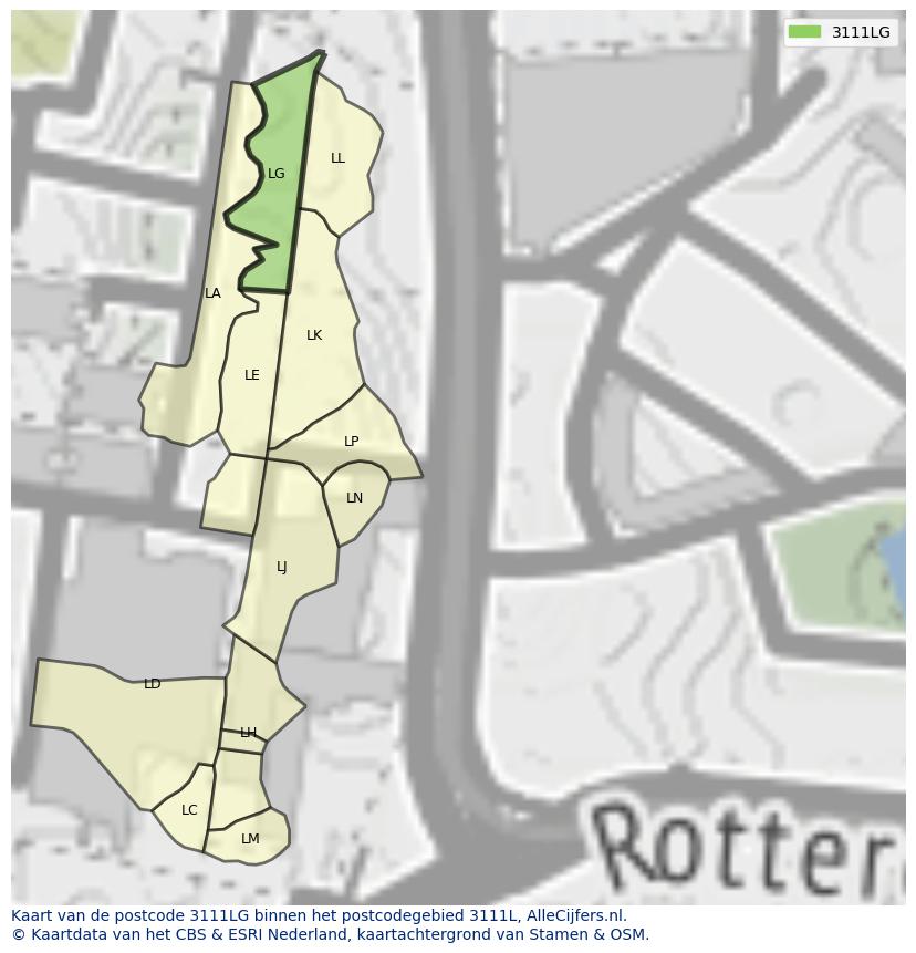 Afbeelding van het postcodegebied 3111 LG op de kaart.