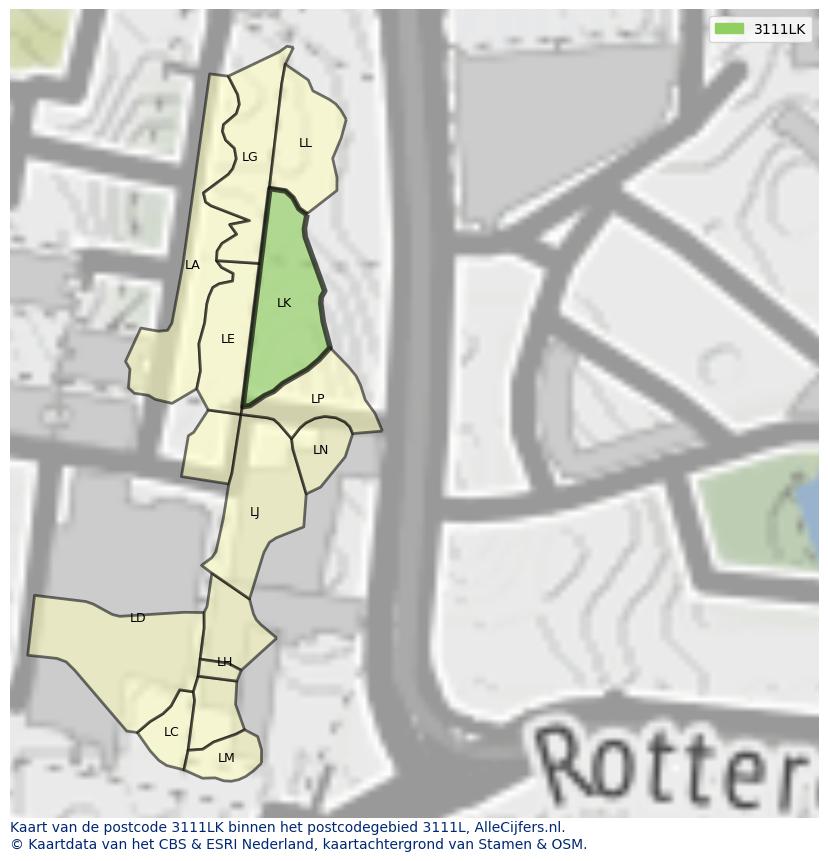 Afbeelding van het postcodegebied 3111 LK op de kaart.