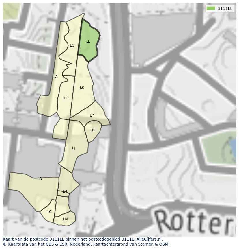 Afbeelding van het postcodegebied 3111 LL op de kaart.