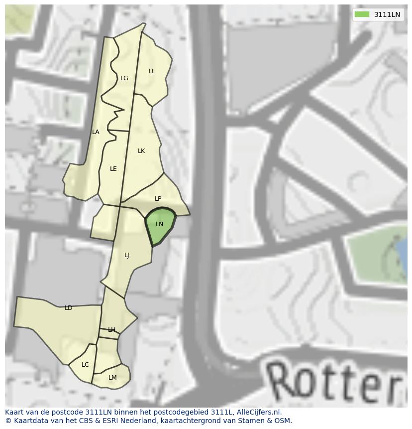 Afbeelding van het postcodegebied 3111 LN op de kaart.