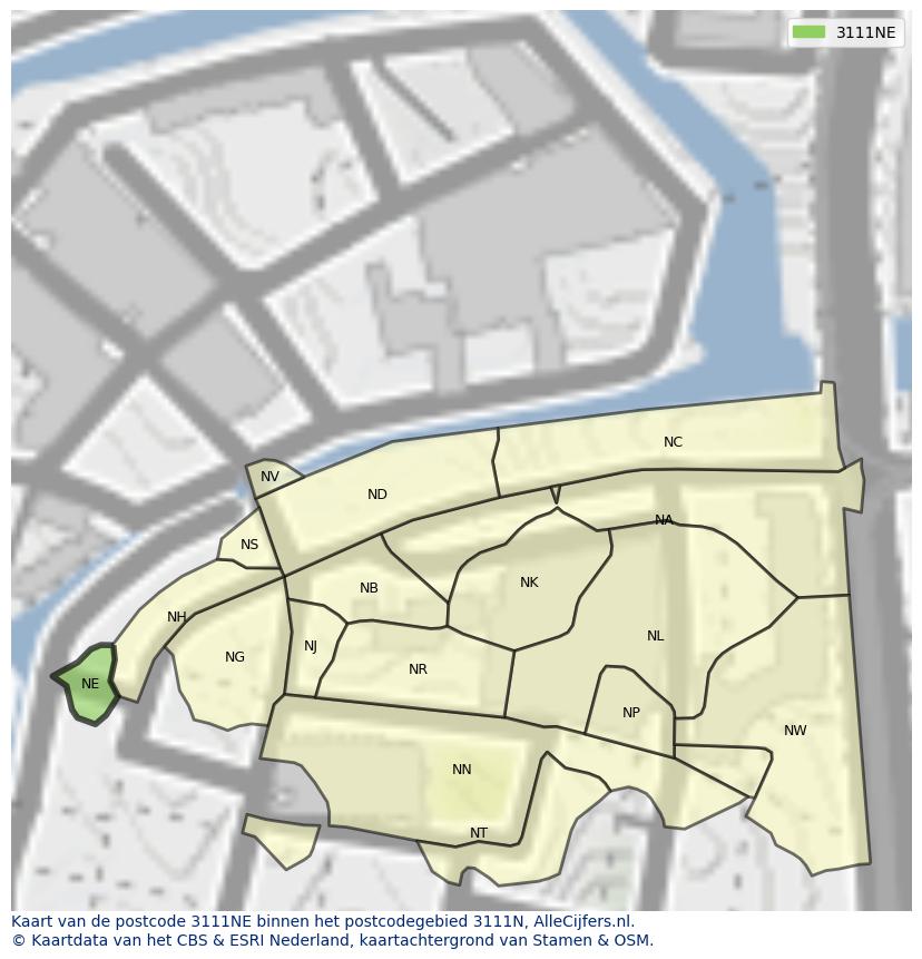 Afbeelding van het postcodegebied 3111 NE op de kaart.