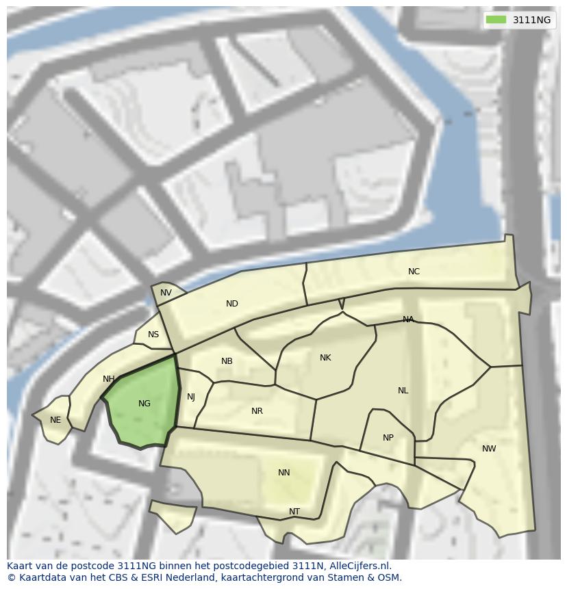 Afbeelding van het postcodegebied 3111 NG op de kaart.