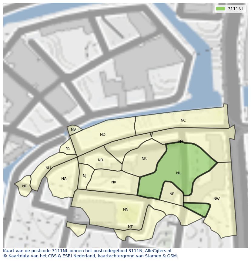 Afbeelding van het postcodegebied 3111 NL op de kaart.