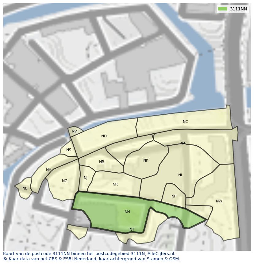 Afbeelding van het postcodegebied 3111 NN op de kaart.